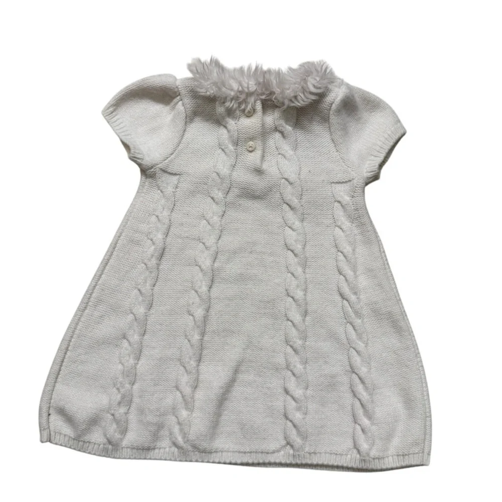 Gymboree white Cable Knit Dress Short Sleeve Faux Fur Collar Baby Girl 6-12M